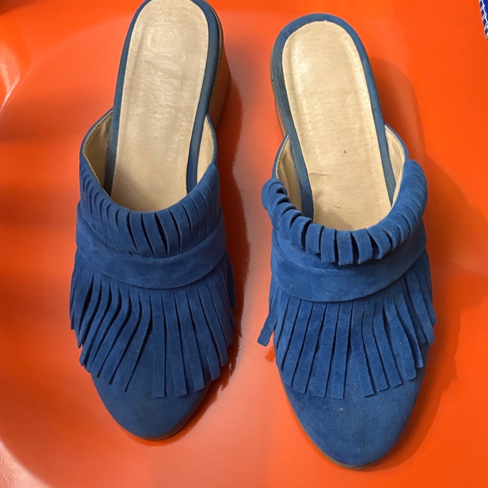 Royal Blue Fringe Mules Vegan Suede Size 9 Slide Shoes QVC